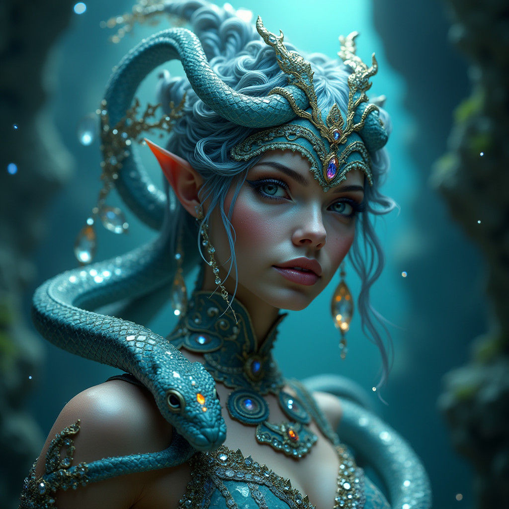 Regal, opalised Medusa with snake hair and diamond eyes in a crystal cavern
  by @Dorian