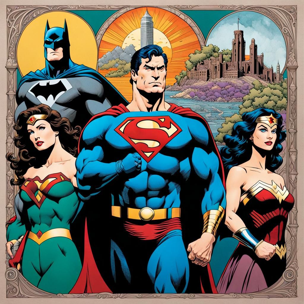 Renaissance-Style Superhero Collage in Ink and Watercolor