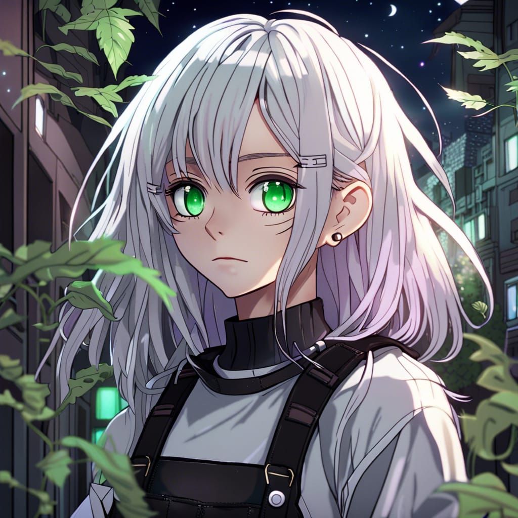 white-haired young anime character portrait, with big galaxy green eyes and  long hair, wearing pastel goth patchwork dungarees, in a dark ba... - AI  Generated Artwork - NightCafe Creator