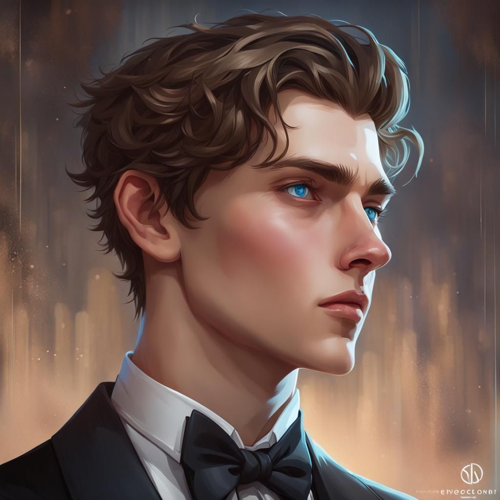 man. handsome with blue eyes and brown hair in a black tuxed...