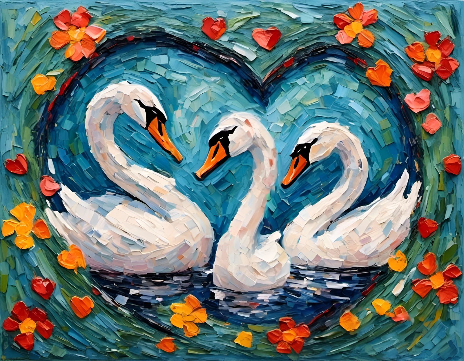 two swans, heart, geometric impasto painting <lora:Impasto:1.0>