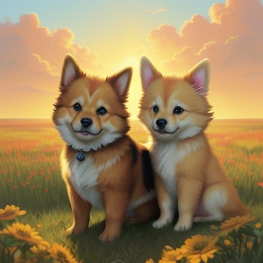 Adorable Blonde Baby Holding Fluffy Dog in Golden Hour Meado...