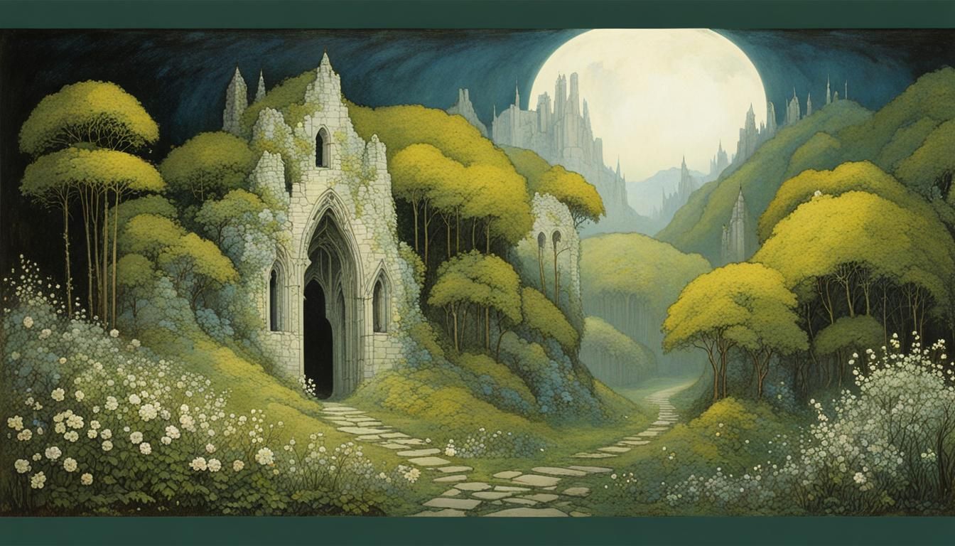 Lonely ruin in the forest with white flowering climbing plan...