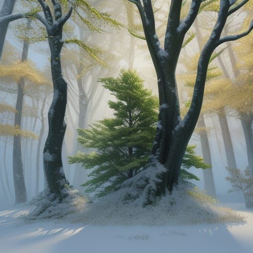 Tree of Seasons: Summer Green Meets Winter Snow