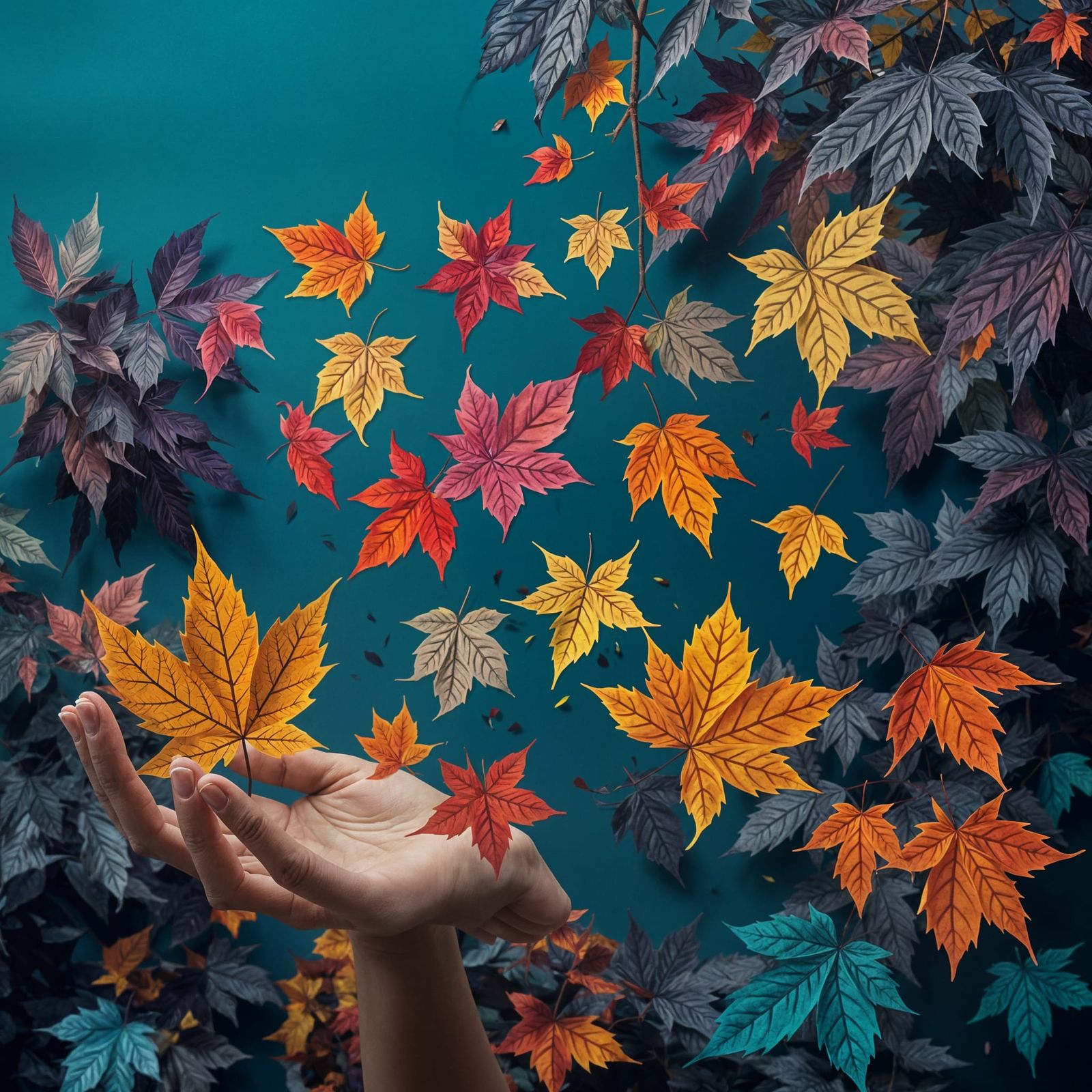 Optical illusions of falling Hyperreal paper collage leaves ...