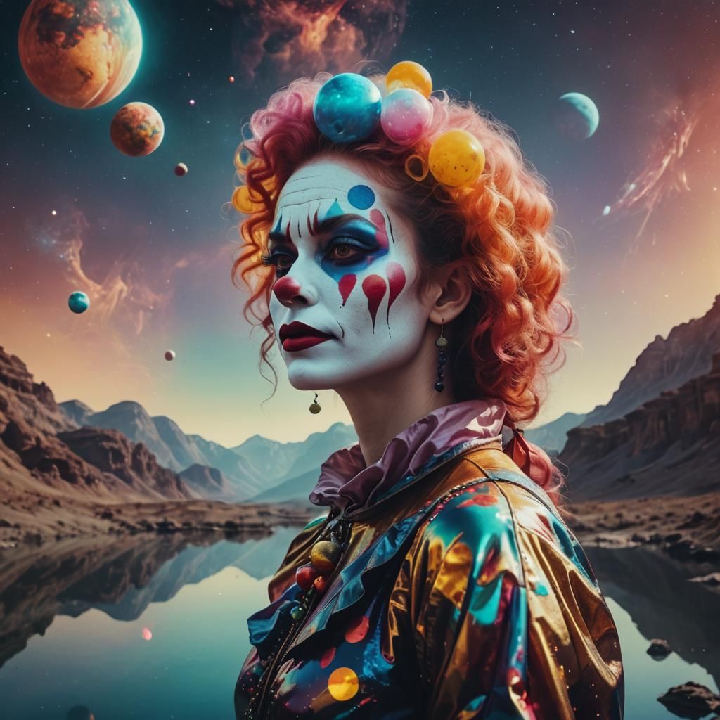 Double exposure. Side profile portrait of a beautiful clown woman. a colorful alien planet with huge moons reflected in ...