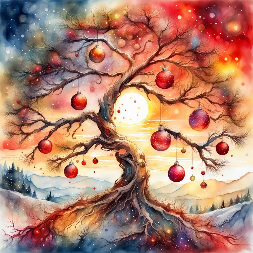 Red baubles on a green Cristmas tree, afternoon, glow 