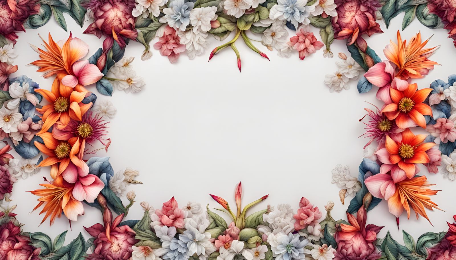 frame from some exotic blossoms on a white paper