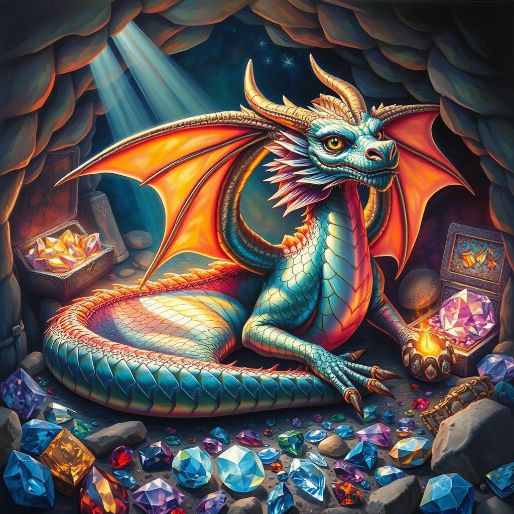 Dragon In Lair Full Of Gems - Ai Generated Artwork - Nightcafe Creator