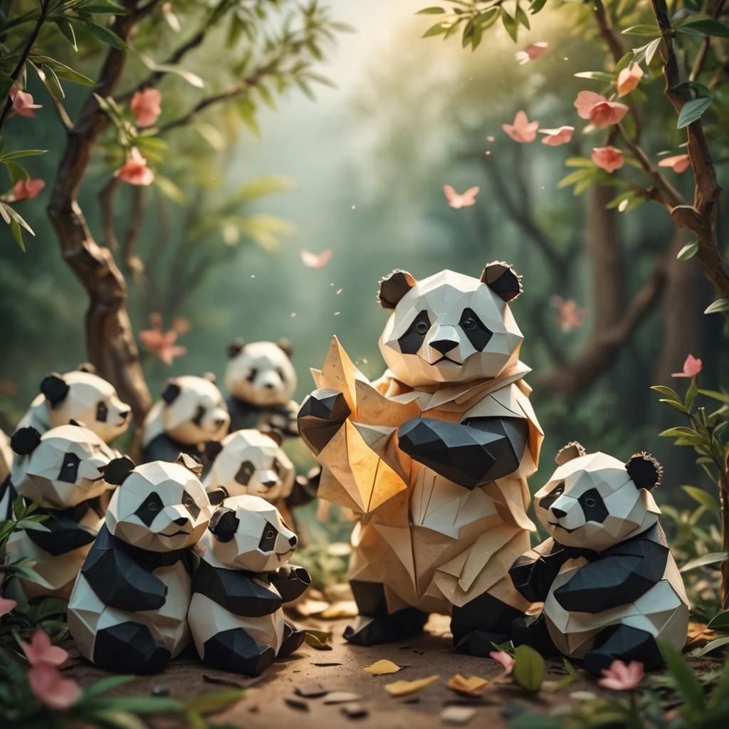 Playful Pandas Origami Papercraft in Pastel Colors