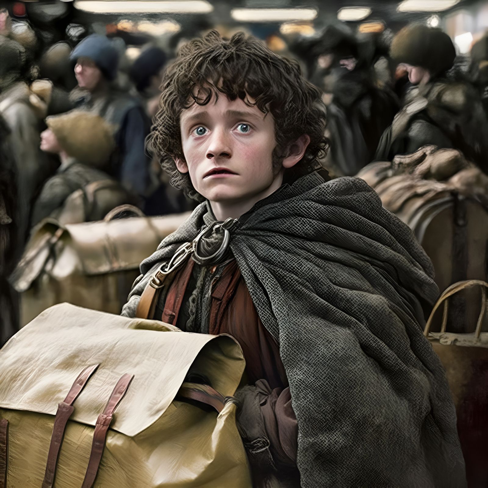 Midjourney: Frodo Baggage is Stressed by Airline Travel