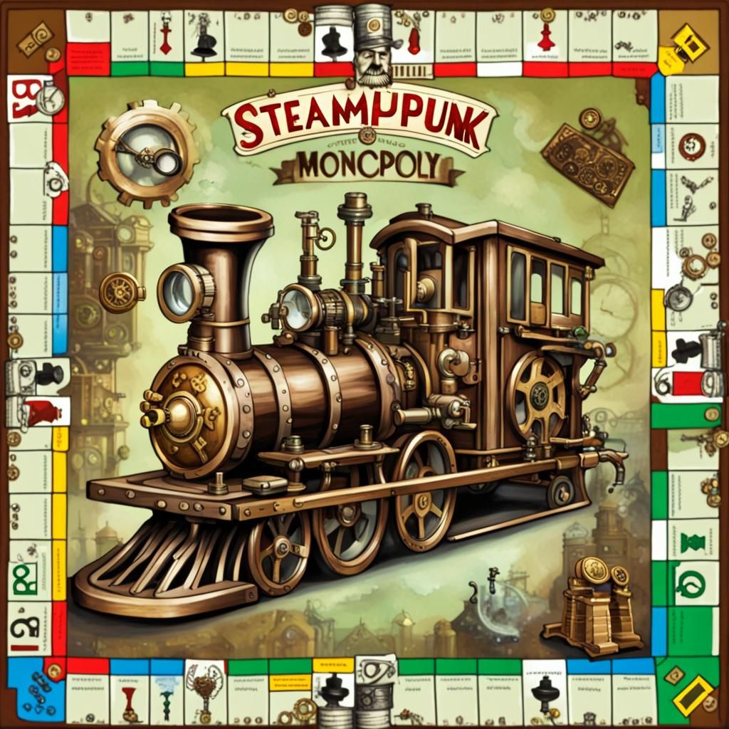 a steampunk Monopoly Board, with steam punk game pieces and the Monopoly Monocle man standing on GO  by @Punkmeister