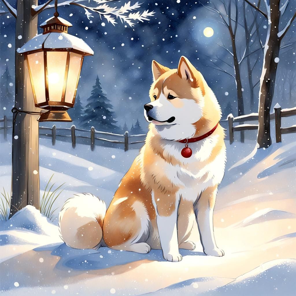 Hachikō, the Akita Inu, waits for his master, who will never return, under a softly lit lantern as snow gently falls.  by @Phantazia