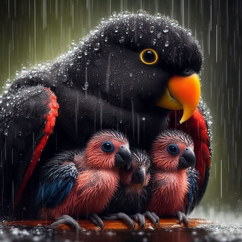 Maman perroquet protégeant ses petits