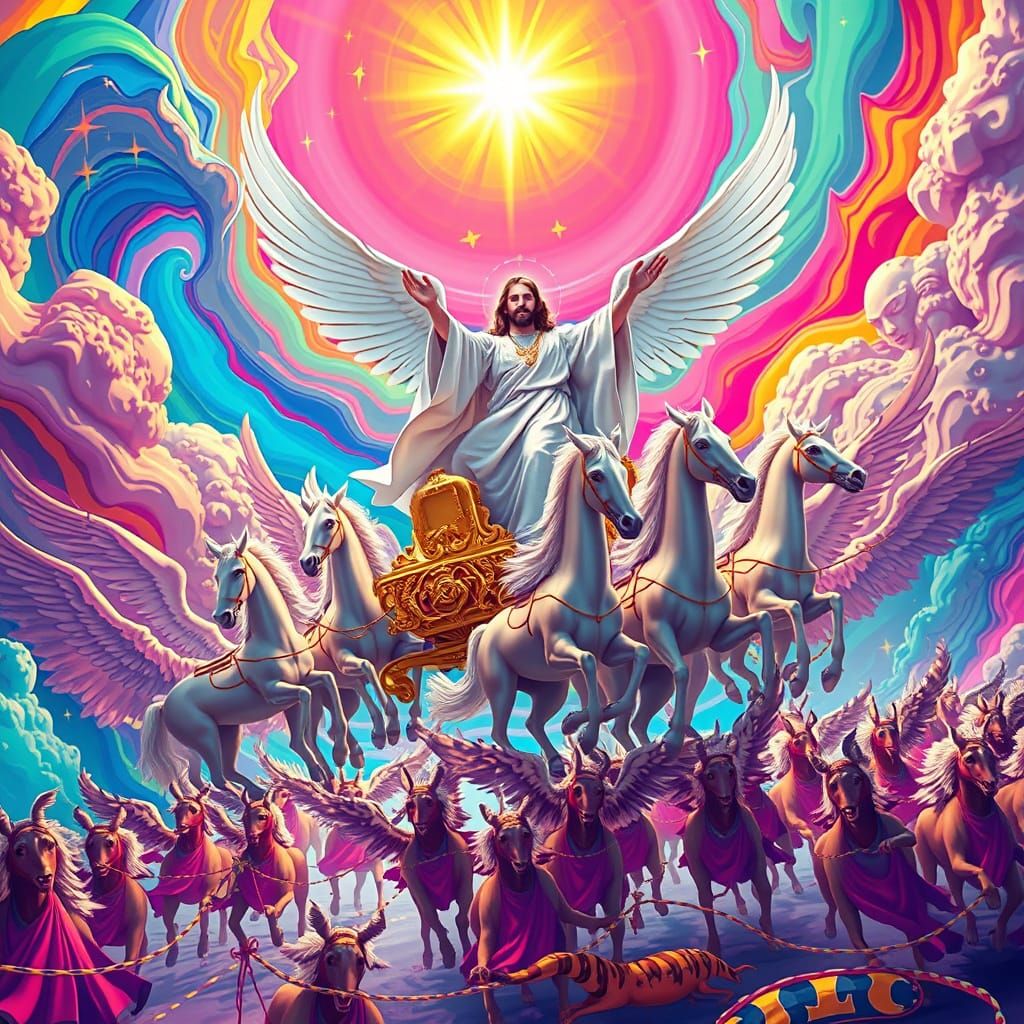 In 16:9 ratio create a surrealistic techno-color 3D expressionism featuring The Lord Jesus Christ descending from heaven on a golden chariot...