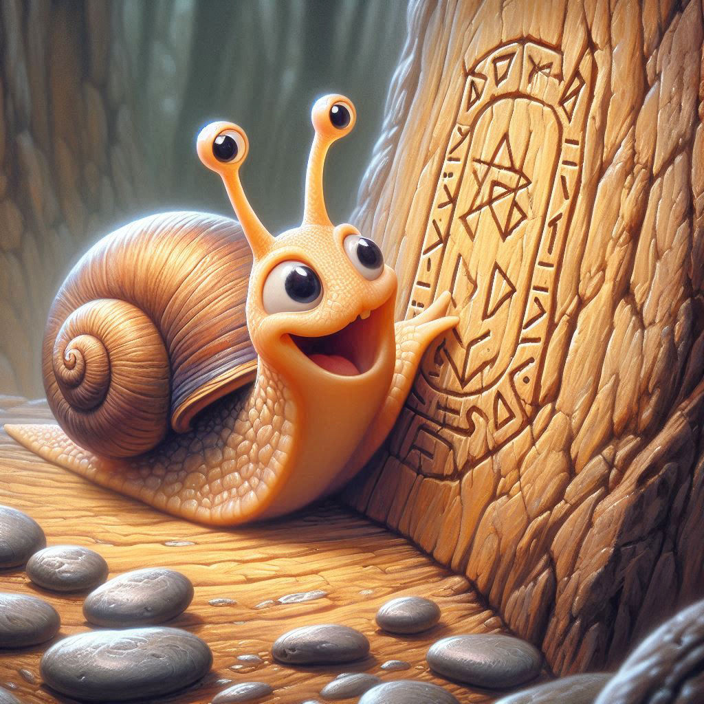 Curious snail discovering ancient runes carved