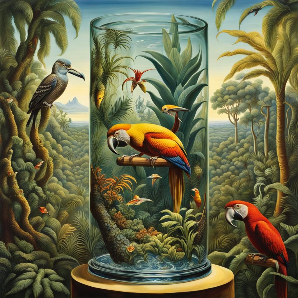 Large glass cylinder with a tropical jungle Menagerie