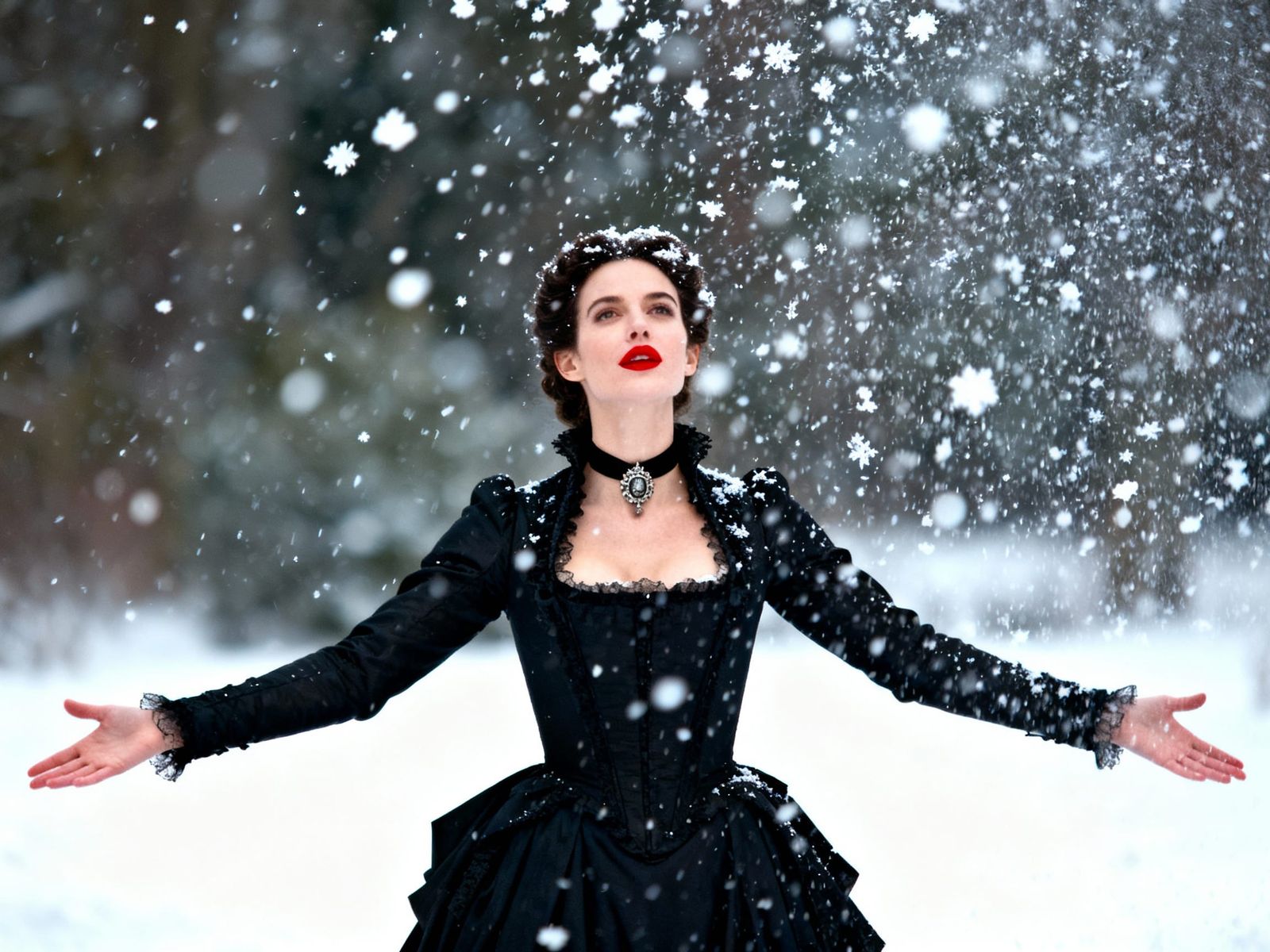Victorian Woman in Snowfall, Cinematic Style