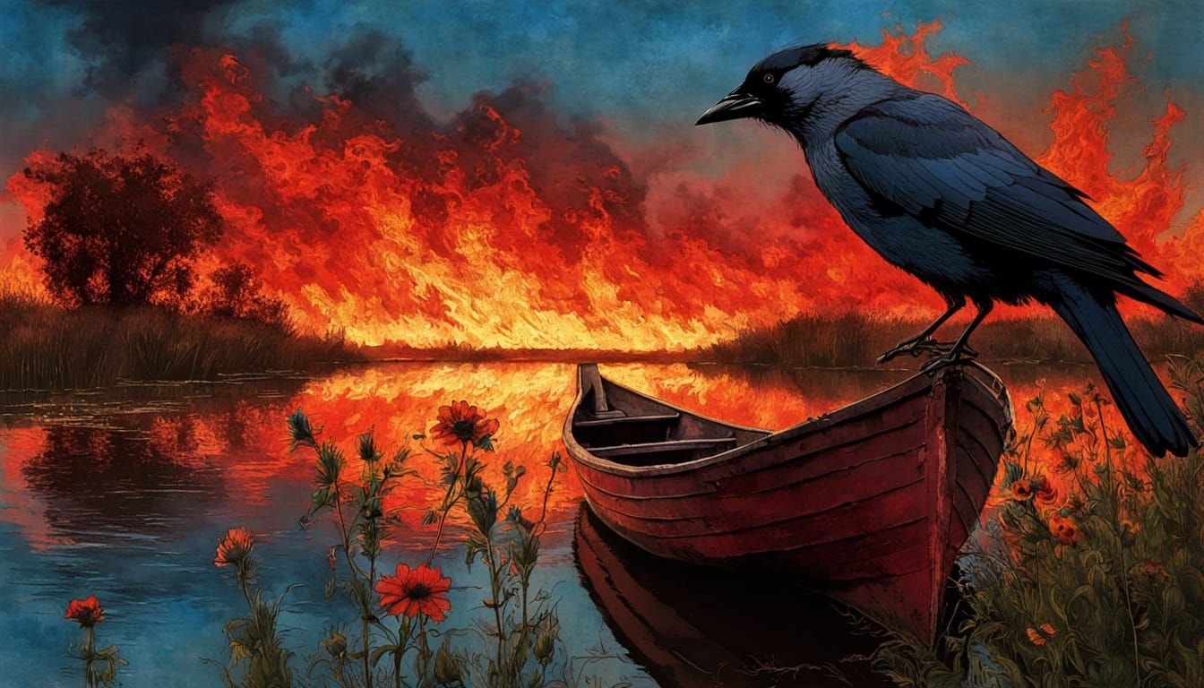 ((A stunning jackdaw with blue eyes)), dark red sunset, a small boat on a flaming river on fire, flames. ...  by @5Foot3 Marie