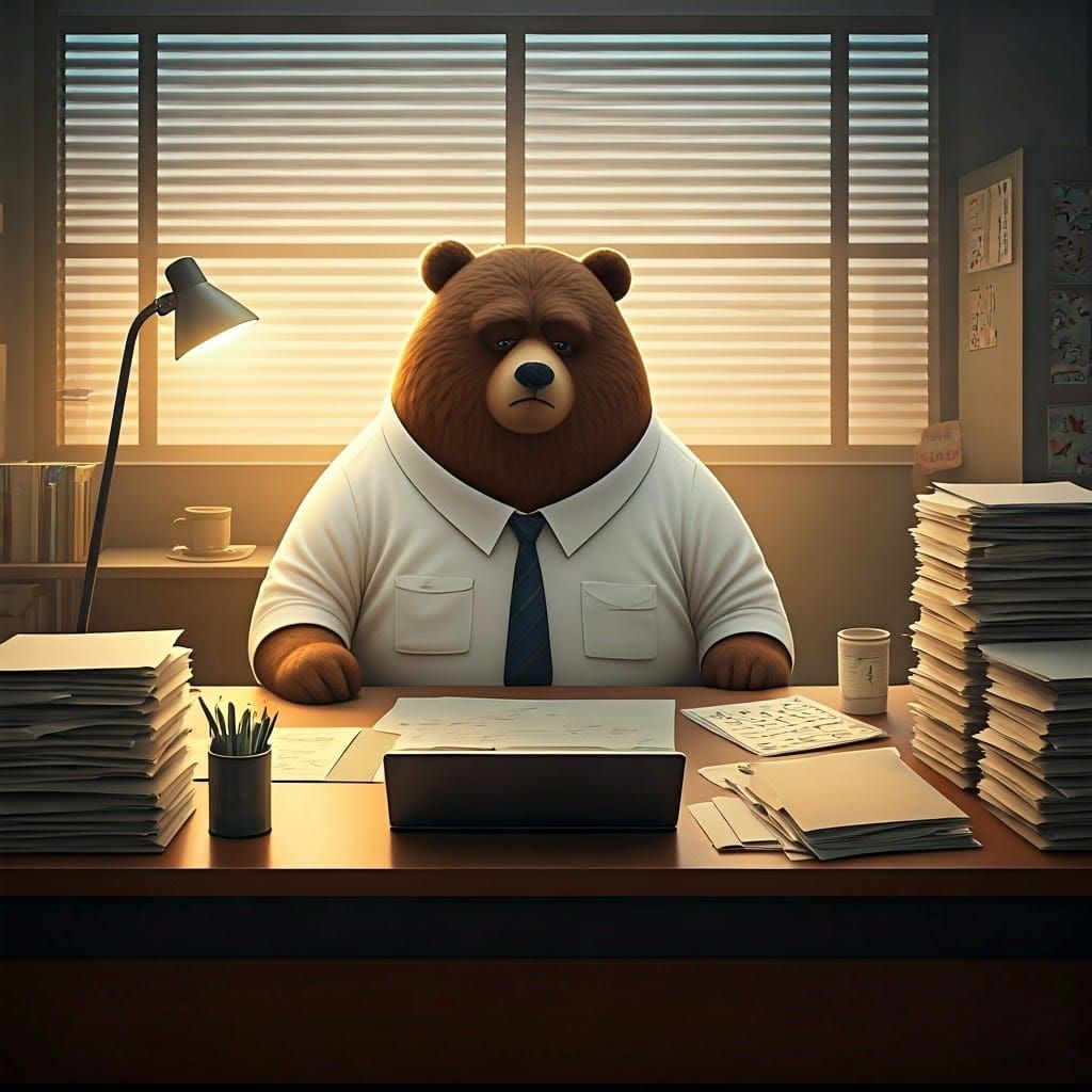 Digital illustrations of cute chubby bears seated in an office tired of daily working life with Singaporean in clipart finishes, images shou...