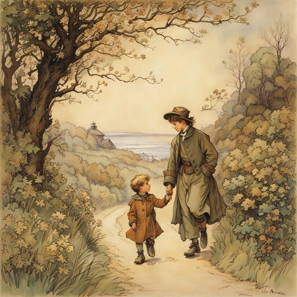 the little boy walks by his father's hand, by Lisi Martin an...