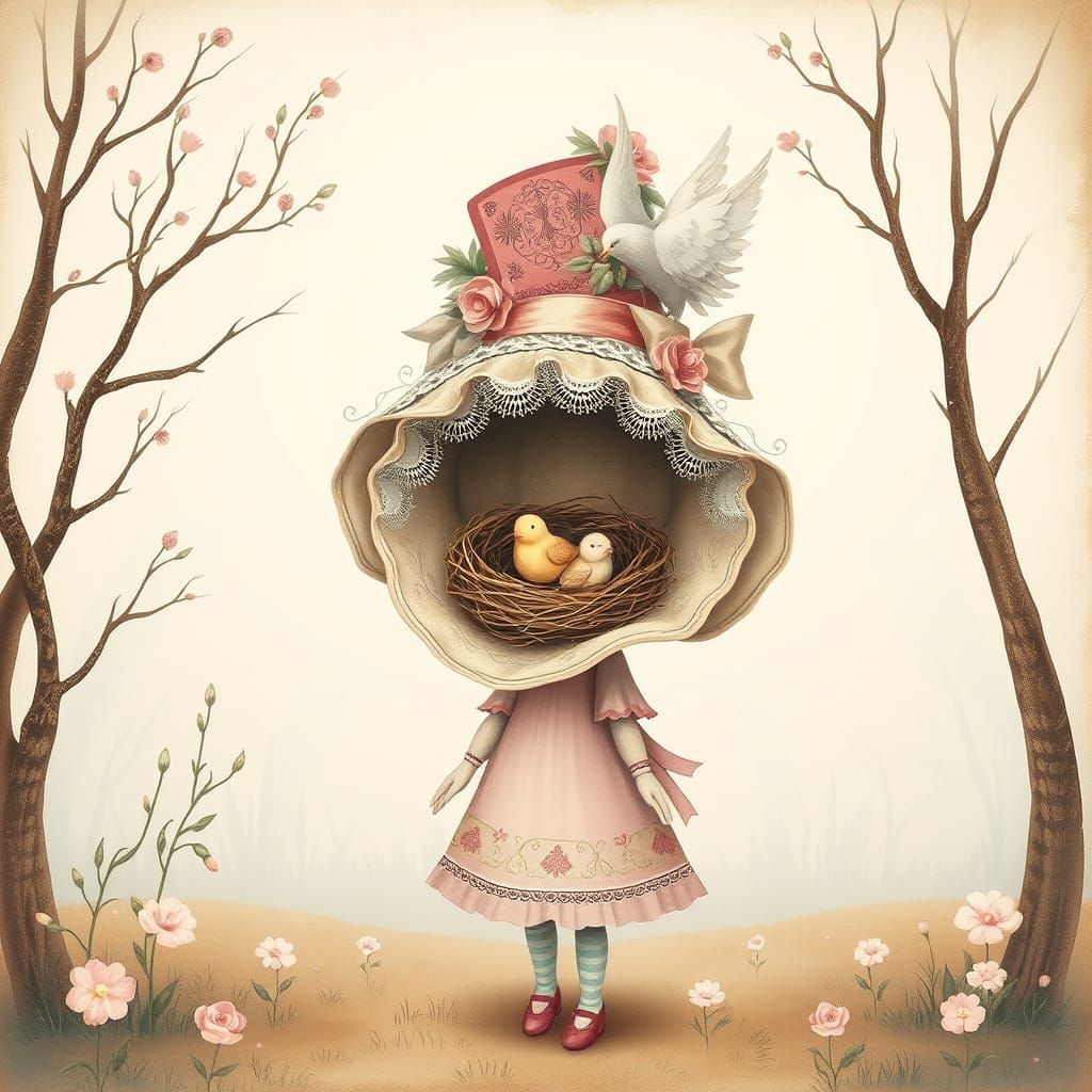 Fairy Tale Illustration: Bird Nest Hat in Pastel Spring