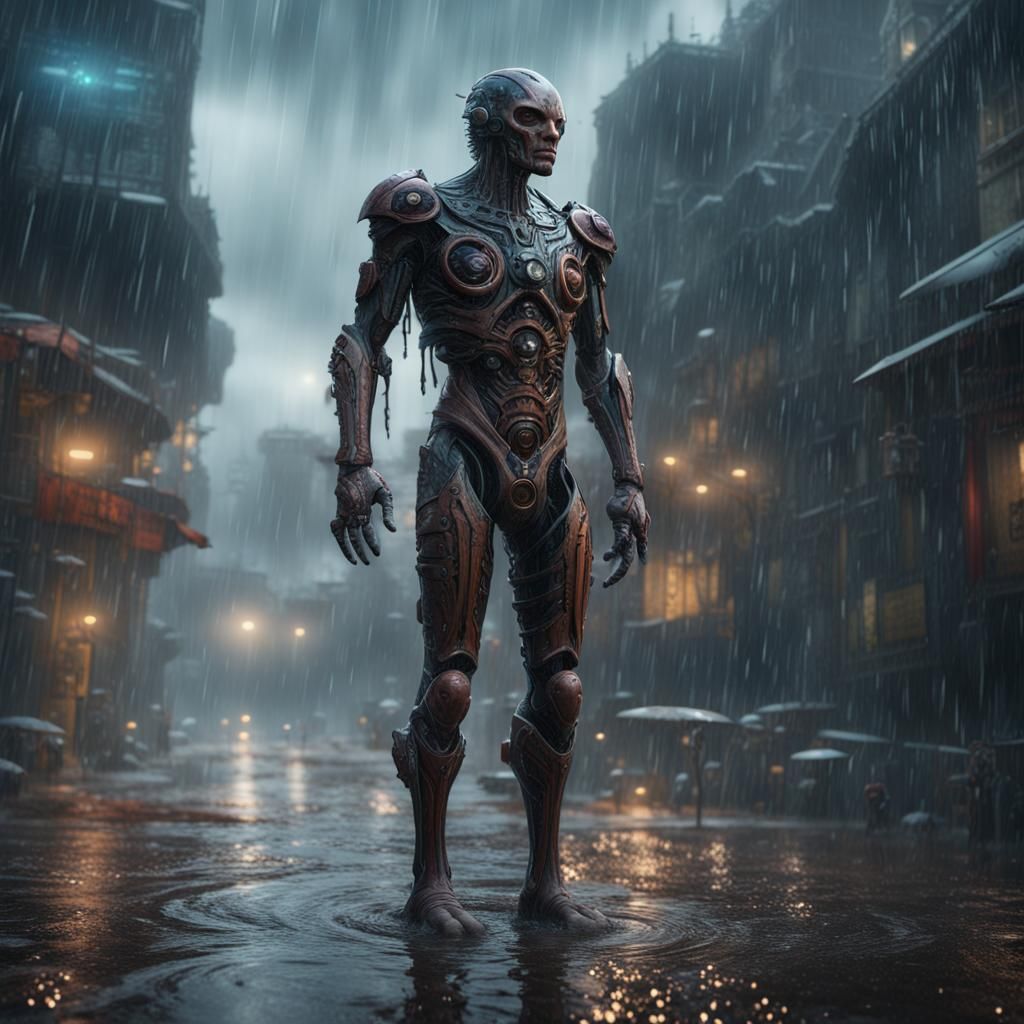A biomechanical man standing in the rain