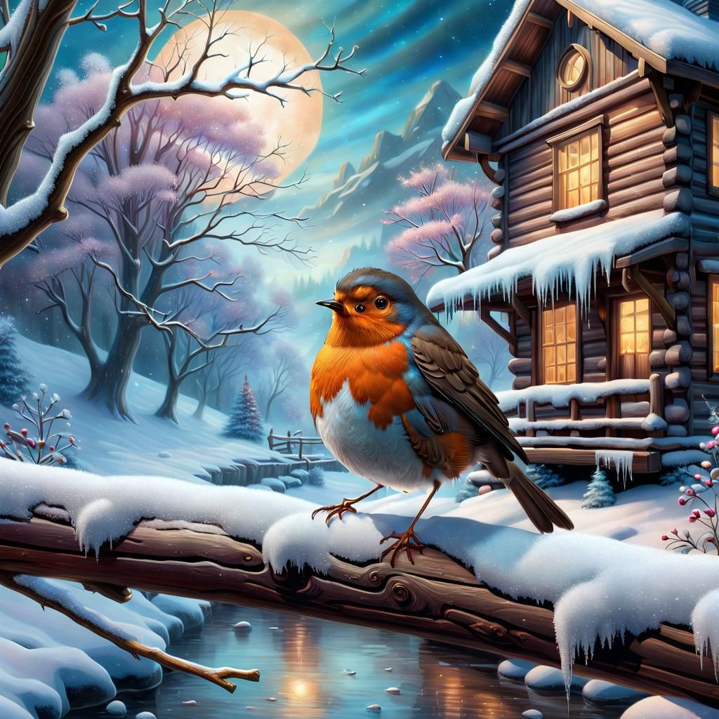 A Robin on a branch in a Winter wonderland