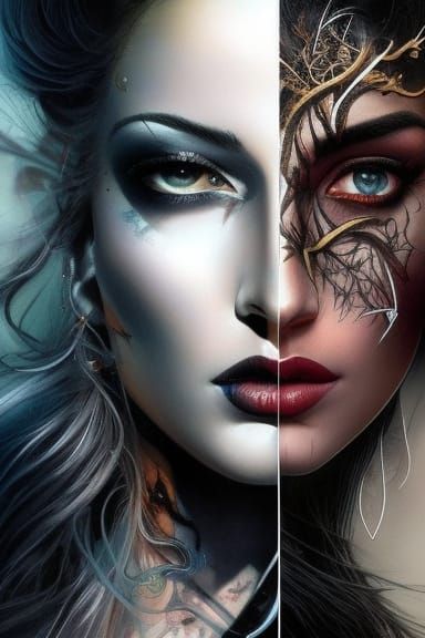 hel half horrifying half gorgeous split face, art by Carne G...