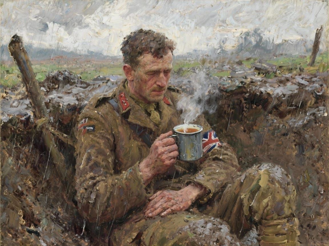 an impressionist painting of a first world war British Tommy siting in a muddy trench with his hands ...  by @Andy Pilgrim