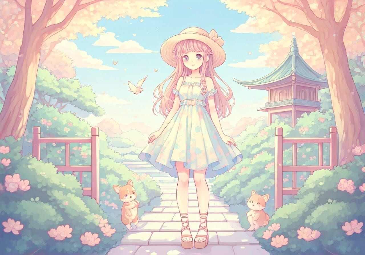 Kawaii Girl in Japanese Garden: Manga-Inspired Digital Art