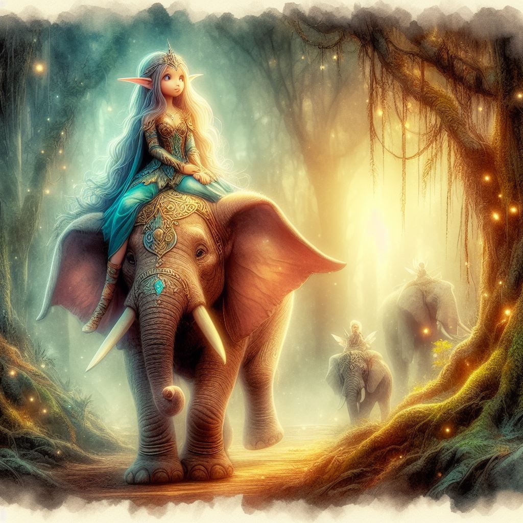 An elf strutting on an elephant in an enchanted forest