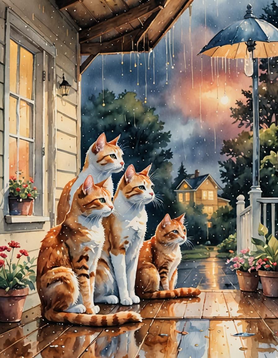 Cats sitting on the covered porch watching the rain