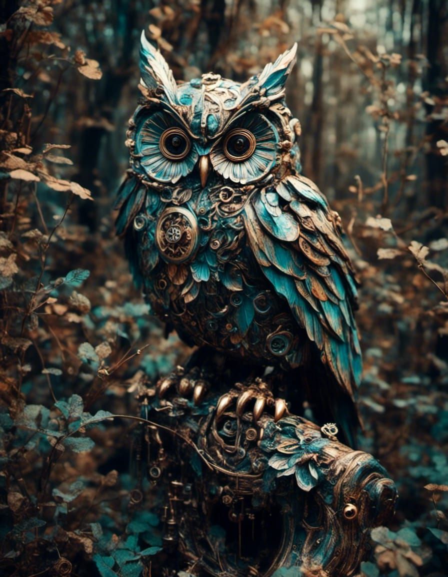 <lora:Mechanics:1.0> A beautiful owl in the forest , porcelain . vibrant shiny colors,  