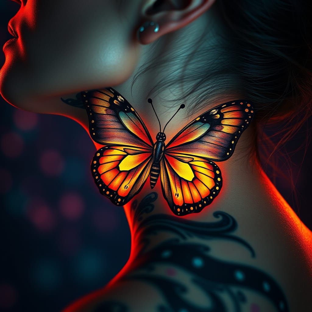 Hyperrealistic Butterfly Tattoo Art in Dramatic Night Scene