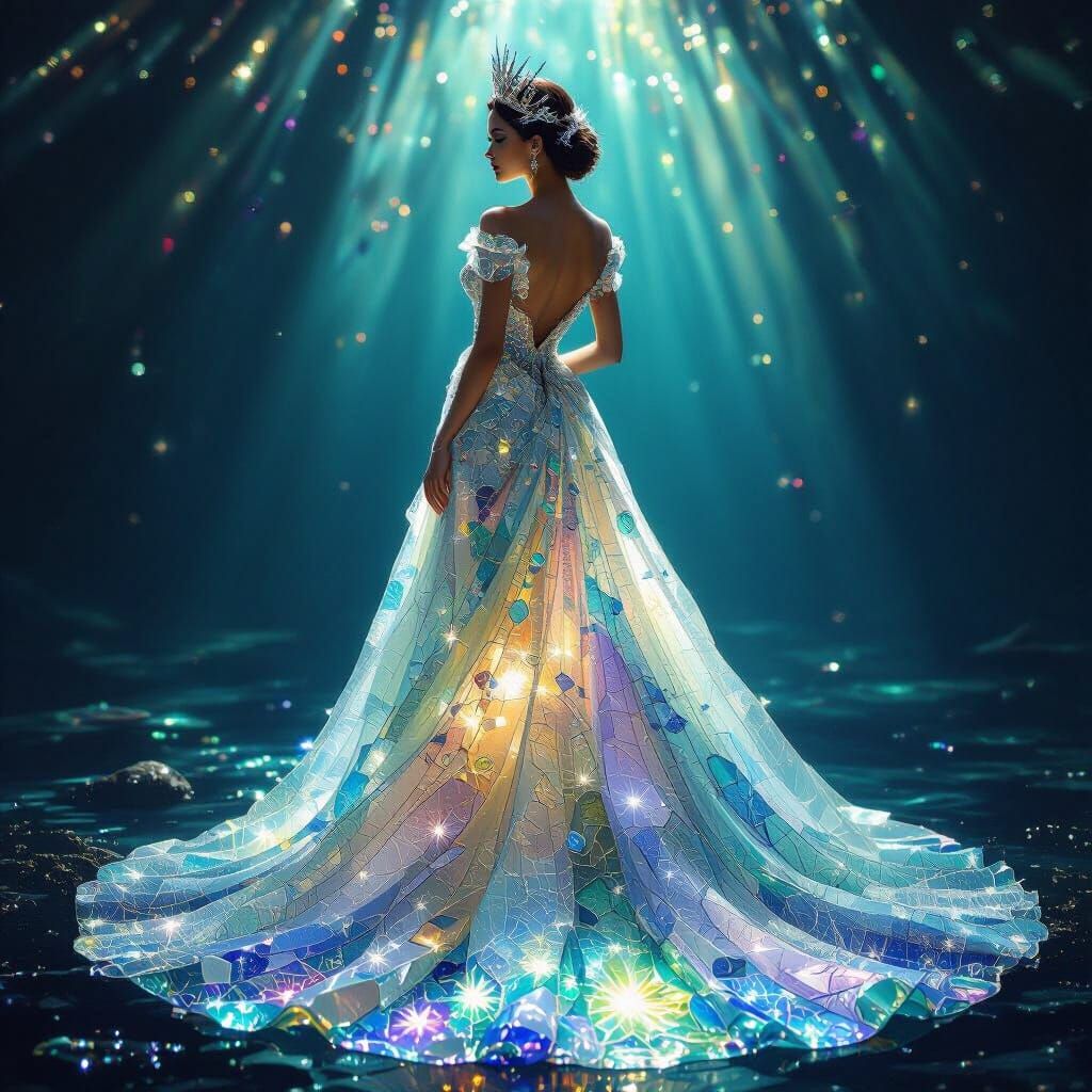 Surreal,
Realistic,


A fantasy Queen, an elegant, flowing evening gown made of colored sea glass,

The sea glass dress 
