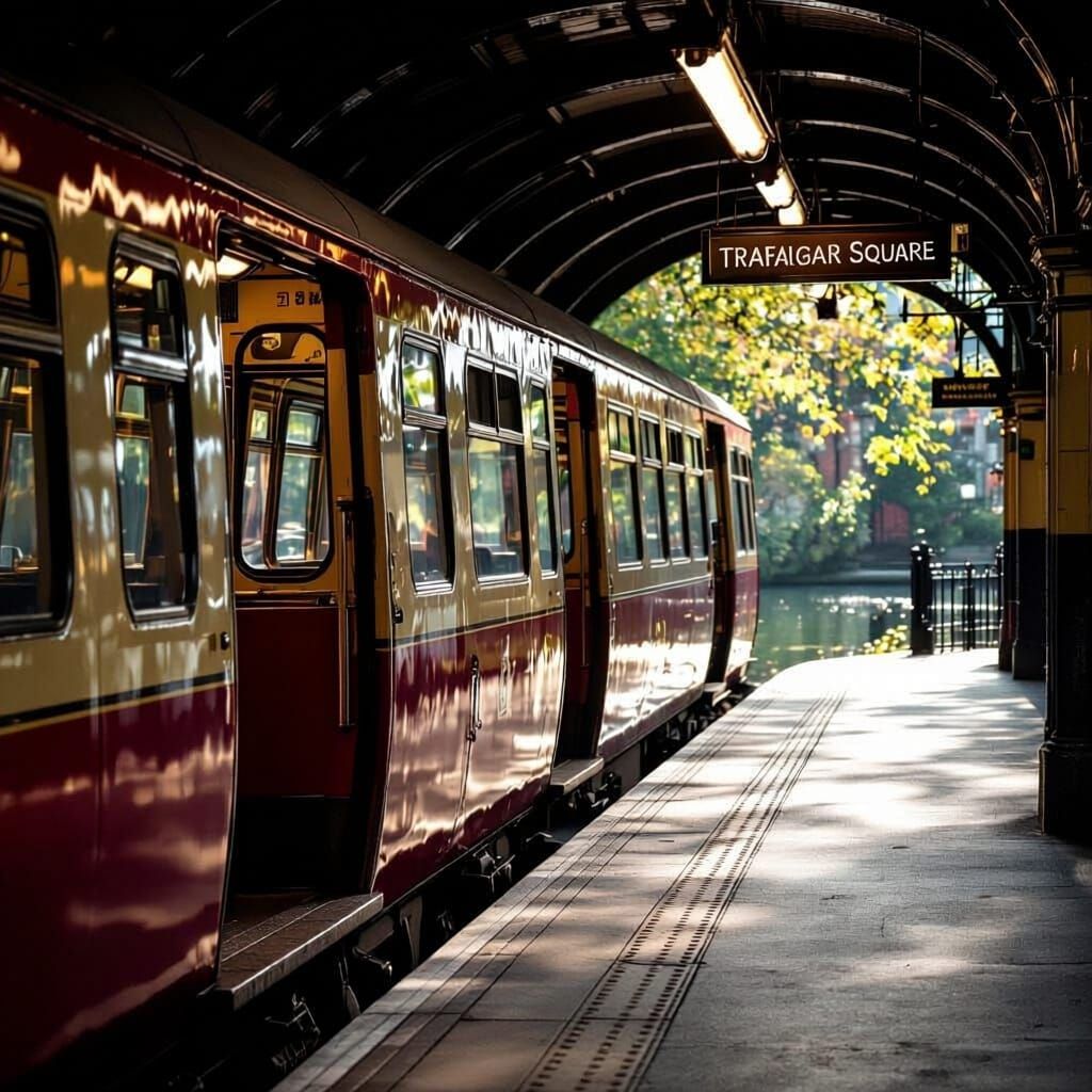 A view along a station platform of a 1930s London Underground station.  The station name is "Trafalgar Square".  The train's doors are open....