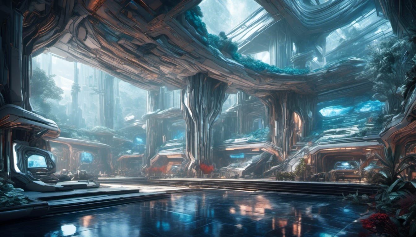 large underground complex <lora:Sci-Fi Rooms:1.0> epic vibes, high-end, large windows revealing white crystalline cavern, techy, blue hues a...