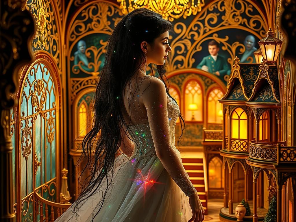 Glass Skin Woman in Baroque Dollhouse, Art Nouveau Style