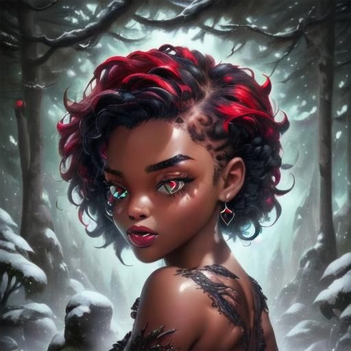<lora:Eunhagye Bijeon:1.0>,, Goth Beautiful Woman, Short Curly Red Hair, Green Multilayered Eyes, Sharp Eyebrows, Forest, Snow, detailed hea...