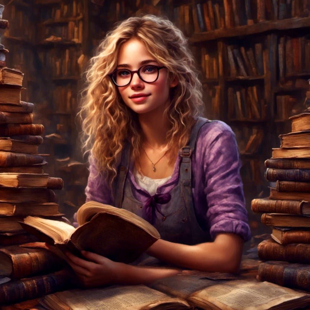 <lora:SuperHyperrealism:1.0> <lora:NC Hyperreal:1.0> <lora:Detailed render:1.0> Annie is in love with books. A close-up portrait of a spunky...