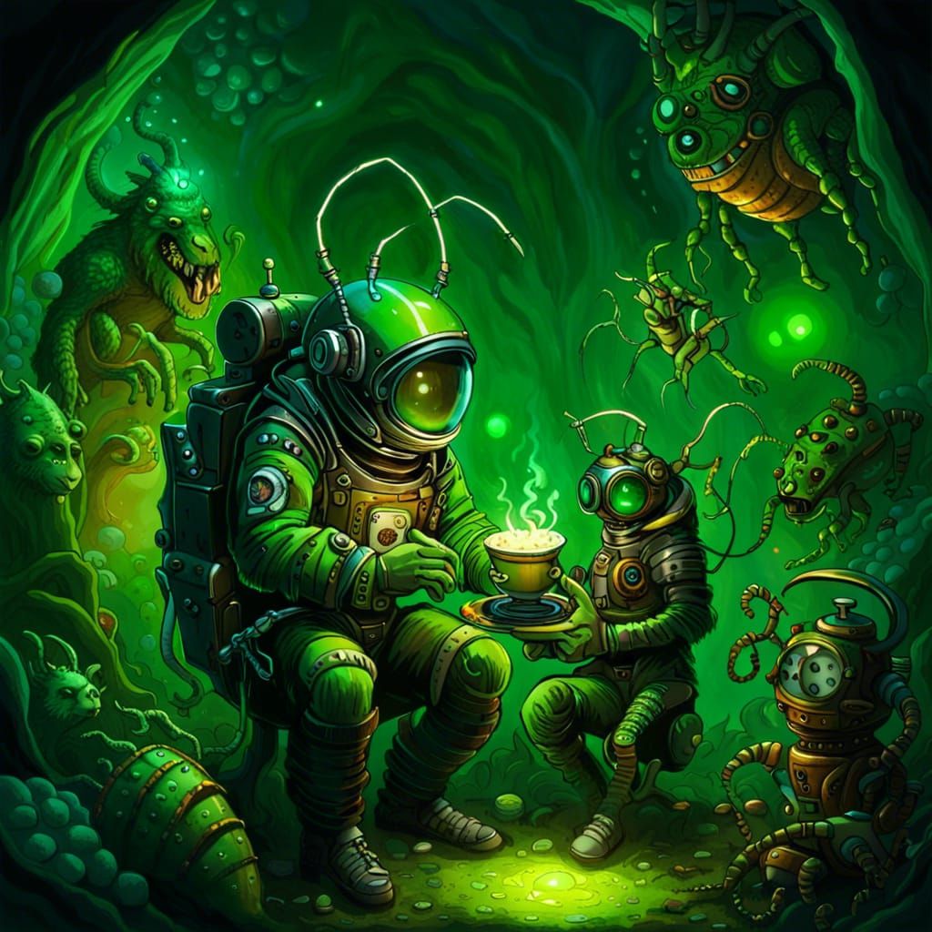 Tea with friendly bug aliens in a green glowing cave   by @IMO