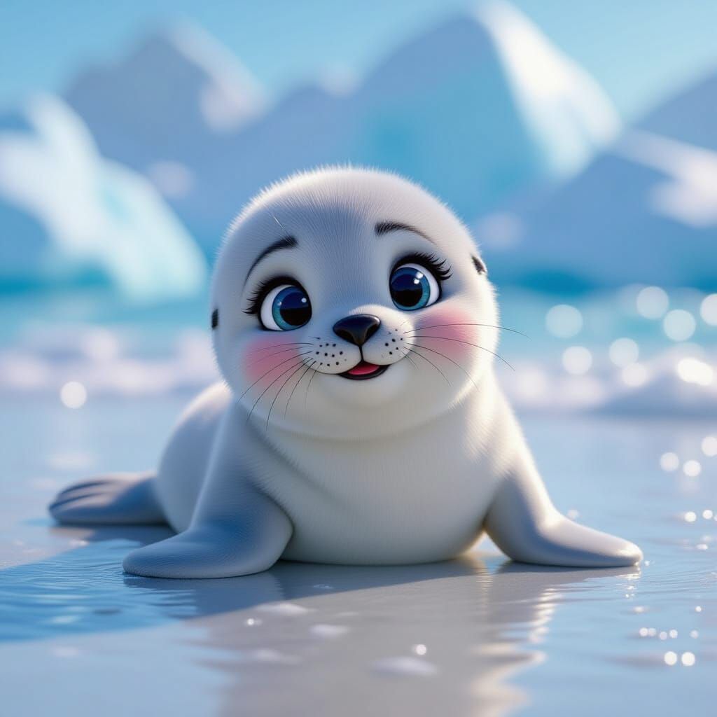 Playful Baby Seal on Icy Shore Inspired by Pixar