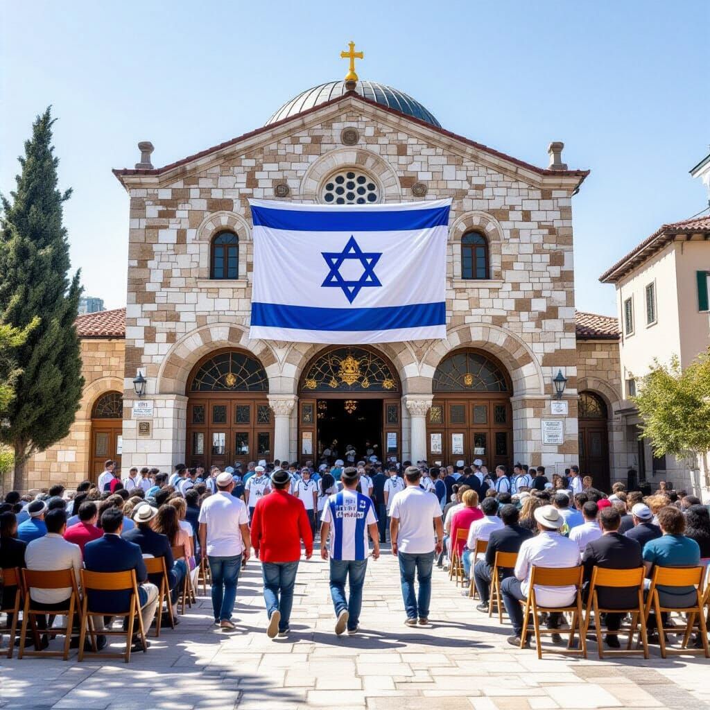Synagogue with Barcelona and Israel Flags, Diverse Worshippe...