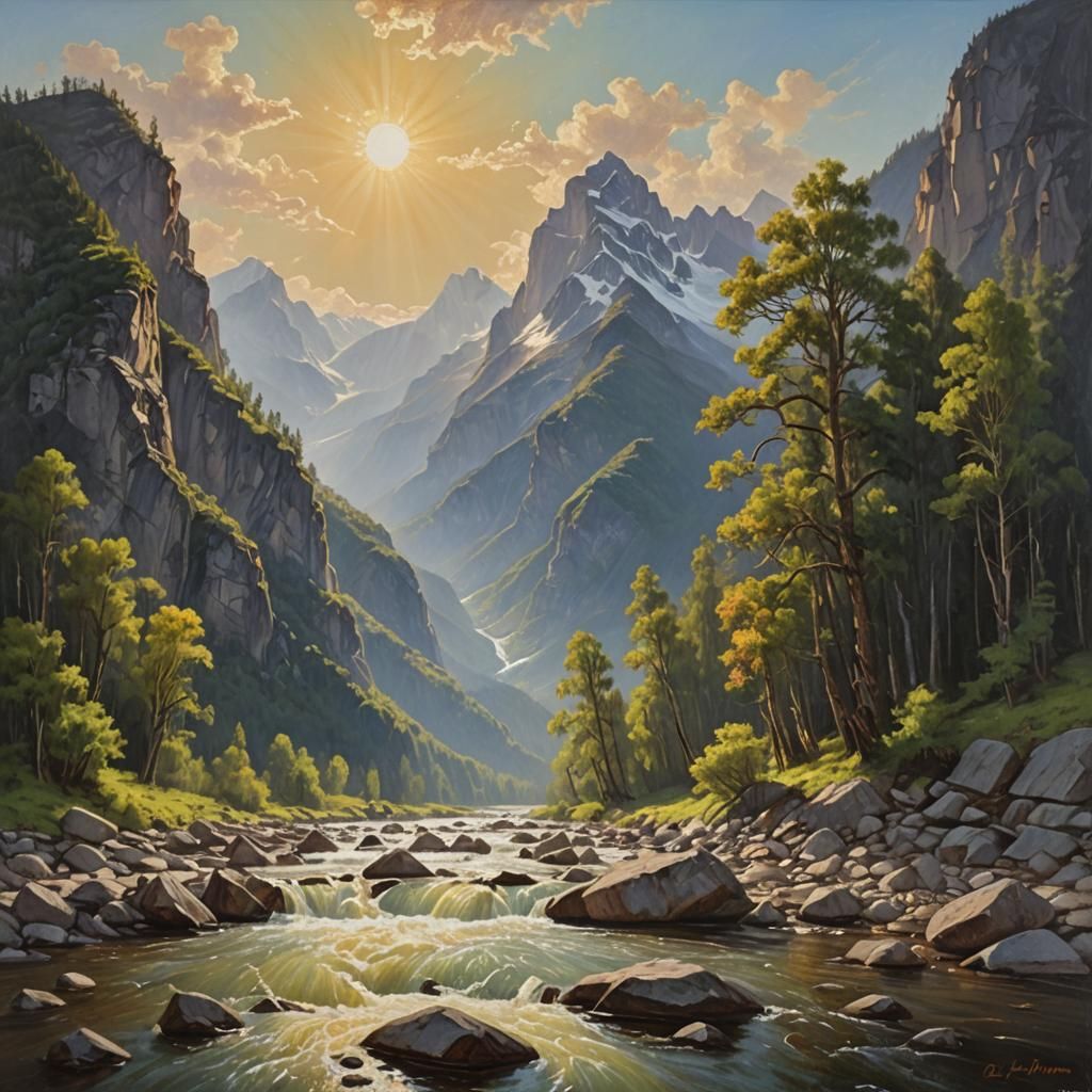 The mountain with the sun shining down on the river and the ...
