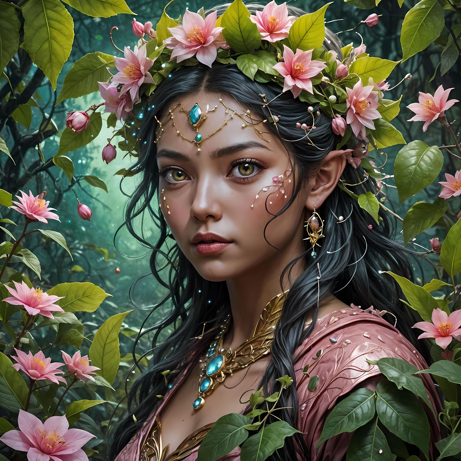 Mystical Leaf Deity Portrait with Cosmic Eyes