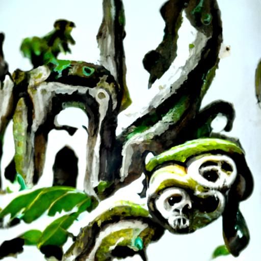 Ruins of a lost city in the jungle. Tattooed monkeys watch o...
