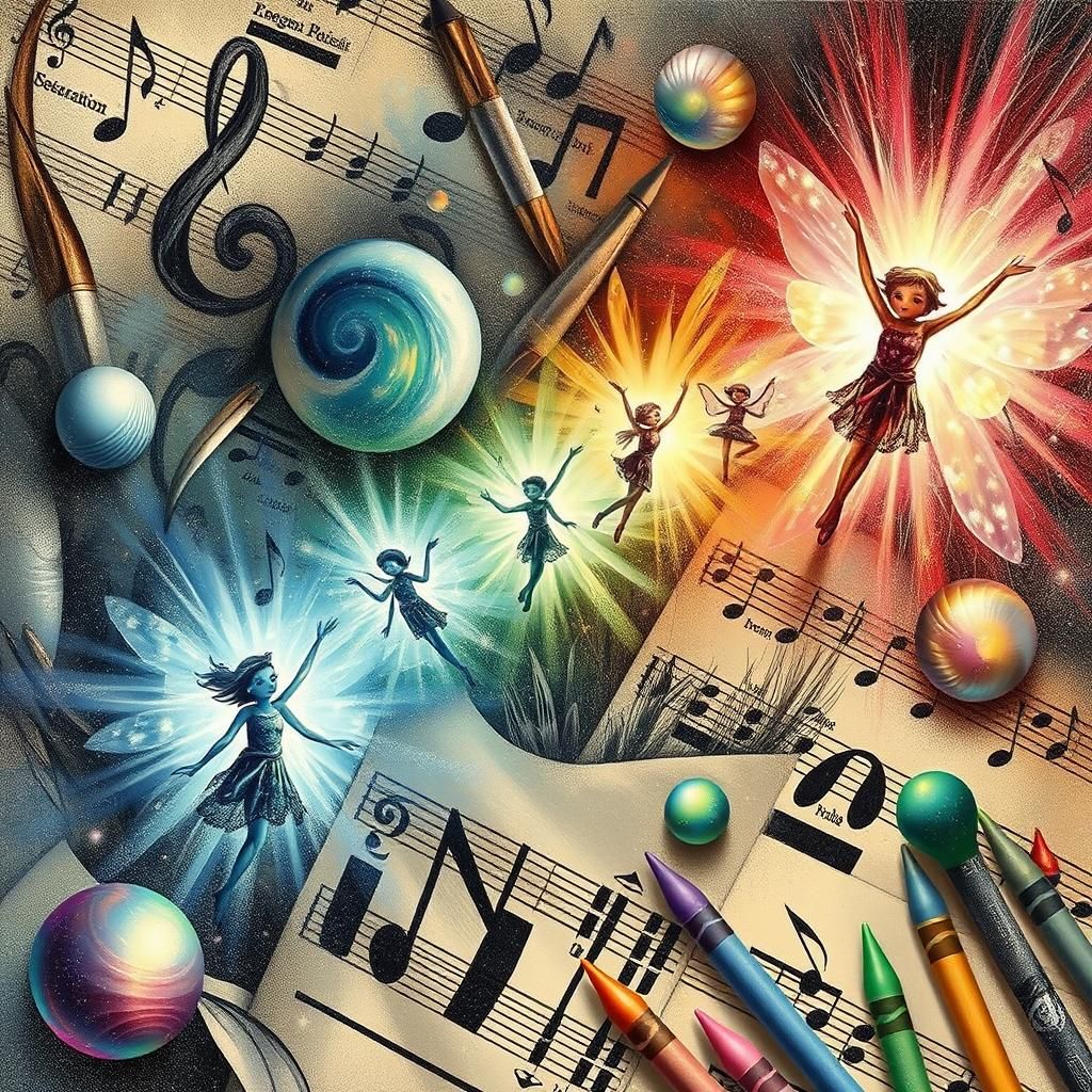 Kids Crayon drawings  of fairies  drawn on  musical sheet mu...