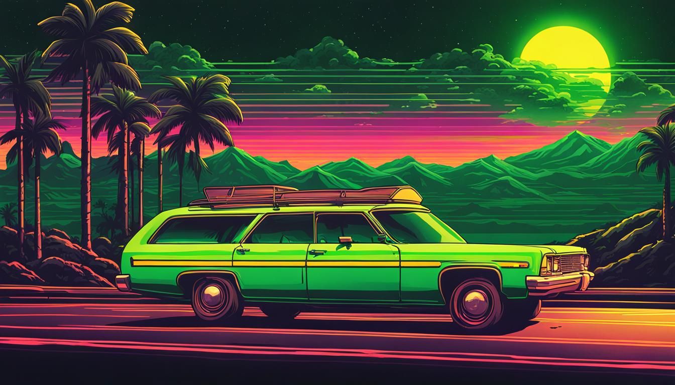 Green Station wagon driving down a road towards a yellow lig...