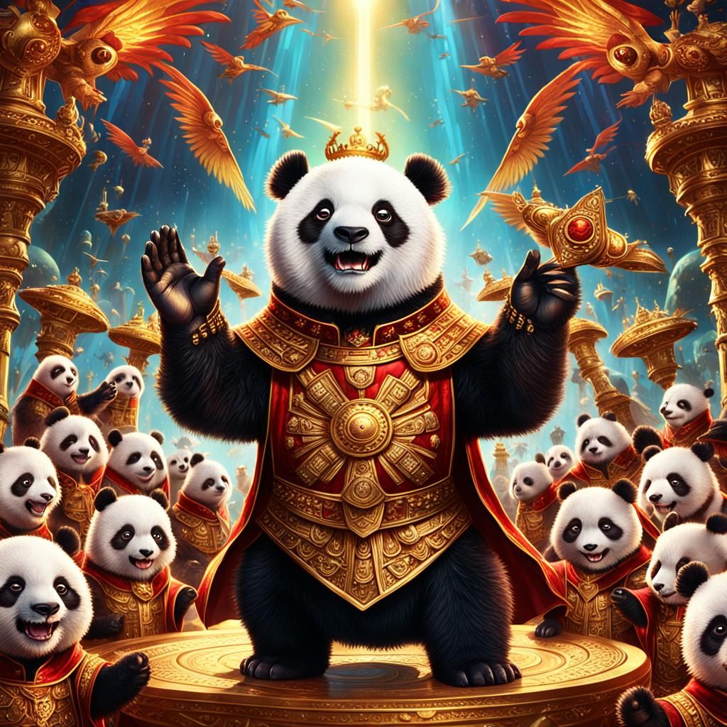 Panda Celebrates Victory with Alien Crowd